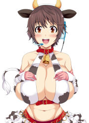 Rule 34 | 10s, 1girl, animal ears, animal print, bad id, bad pixiv id, bell, belt, blush, breast suppress, breasts, brown eyes, brown hair, cleavage, collar, cow ears, cow girl, cow horns, cow print, cow tail, cowbell, elbow gloves, gloves, hai ookami, hands on own chest, headset, highres, horns, huge breasts, idolmaster, idolmaster cinderella girls, navel, neck bell, oikawa shizuku, open mouth, short hair, simple background, smile, solo, tail, white background