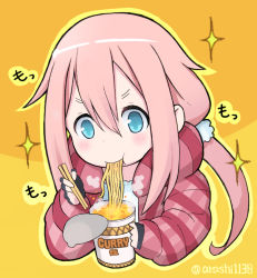 Rule 34 | 1girl, :t, arashishi, black gloves, blue eyes, blush, chopsticks, closed mouth, commentary request, eating, fingerless gloves, gloves, hair between eyes, highres, holding, holding chopsticks, jacket, kagamihara nadeshiko, long hair, long sleeves, low twintails, nissin cup noodle, open clothes, open jacket, orange background, pink hair, red jacket, shirt, sidelocks, sleeves past wrists, solo, sparkle, twintails, twitter username, upper body, very long hair, white shirt, yurucamp