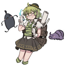 Rule 34 | 1girl, ;), ahoge, backpack, bag, black hat, black skirt, closed mouth, collared shirt, cropped legs, erlenmeyer flask, flask, glasses, gloves, green hair, green legwear, green necktie, green vest, hand up, hat, highres, holding, holding flask, horizontal pupils, komeiji koishi, mini hat, necktie, nyong nyong, one eye closed, original, pince-nez, scroll, shirt, simple background, skirt, smile, solo, striped clothes, striped legwear, striped thighhighs, striped vest, thighhighs, touhou, v-shaped eyebrows, vest, white background, white gloves, white shirt, wrist cuffs, yellow eyes