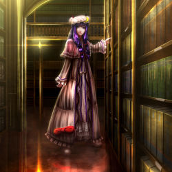 Rule 34 | 1girl, blue ribbon, book, bow, capelet, crescent, dress, full body, hair bow, hair ribbon, hat, keto chuusa, library, lips, long hair, mob cap, patchouli knowledge, purple eyes, purple hair, red ribbon, ribbon, shoes, solo, striped clothes, striped dress, touhou, tress ribbon, voile, wall lamp