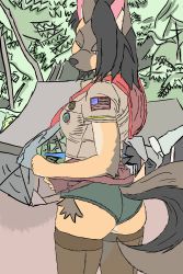 Rule 34 | 1girl, absurdres, american flag, ass, badge, bandana, black hair, blue eyes, camping, clothes lift, forest, furry, german shepherd, highres, incredibly absurdres, nature, non-web source, original, outdoors, panties, scout uniform, skirt, skirt lift, solo, tent, thighhighs, tree, underwear