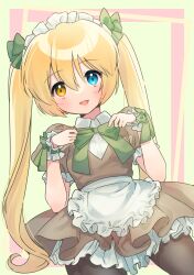 Rule 34 | 1girl, :d, absurdres, adjusting bow, alternate costume, apron, black pantyhose, blonde hair, blue eyes, blush, bow, brown dress, commentary, cowboy shot, dress, enmaided, eyelashes, eyes visible through hair, frilled apron, frilled cuffs, frilled dress, frilled sleeves, frills, green background, green bow, green ribbon, hair between eyes, hair bow, hands up, happy, heterochromia, highres, long hair, looking at viewer, maid, maid headdress, may salamanya, nakatsu shizuru, open mouth, pantyhose, puffy short sleeves, puffy sleeves, rewrite, ribbon, ribbon-trimmed cuffs, short dress, short sleeves, simple background, smile, solo, standing, straight hair, tareme, twintails, very long hair, white apron, wrist cuffs, yellow eyes