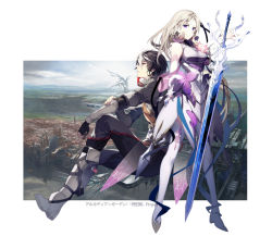 Rule 34 | 1boy, 1girl, arcadia garden, bare shoulders, blonde hair, boots, braid, city, cityscape, elbow gloves, gloves, looking at viewer, mountain, multicolored hair, nekonabe ao, purple eyes, sitting, smile, standing, statue, sword, thighhighs, tower, two-tone hair, weapon, windmill