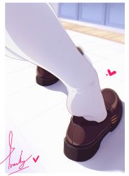 Rule 34 | 1other, absurdres, ambiguous gender, bad id, bad pixiv id, belt, belt buckle, blurry, blurry background, border, brown footwear, buckle, cabinet, commentary request, feet, feet only, foot focus, heart, highres, indoors, original, pantyhose, putting on shoes, shadow, shoe belt, shoes, signature, single shoe, socks, soles, solo, tile floor, tiles, white border, white socks, wooden floor, yao (pixiv9482697)