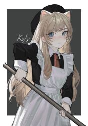 Rule 34 | 1girl, animal ears, apron, artist name, beret, black dress, black hat, blonde hair, blue eyes, blush, border, cat ears, closed mouth, collared dress, dress, grey background, hat, highres, holding, holding stick, kofi-mo, long hair, long sleeves, looking at viewer, maid, maid apron, necktie, original, outside border, red necktie, signature, solo, stick, upper body, white apron, white border
