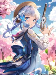 Rule 34 | 1girl, absurdres, antique firearm, artist name, ayaka (genshin impact), blue butterfly, blue dress, blue eyes, blue hair, blue sky, blunt bangs, blunt tresses, blush, braid, braided hair rings, branch, brown hat, bug, butterfly, butterfly hair ornament, cherry blossoms, closed mouth, cloud, collar, commentary, commentary request, day, dress, english commentary, falling petals, fingernails, firearm, flower, genshin impact, gun, hair flower, hair ornament, handgun, hat, hat flower, highres, holding, holding gun, holding weapon, insect, kamisato ayaka, kamisato ayaka (springbloom missive), light blue hair, long sleeves, looking at viewer, mixed-language commentary, mole, mole under eye, multicolored clothes, multicolored dress, official alternate costume, official alternate hairstyle, outdoors, petals, puffy long sleeves, puffy sleeves, ribbon, ryo-suzuki, sidelocks, sky, smile, solo, tree, upper body, vision (genshin impact), weapon, white collar