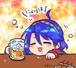 Rule 34 | 1girl, ahoge, alcohol, beer mug, blue hair, blush, chibi, closed eyes, commentary request, cup, dango, drunk, food, hair between eyes, hairband, long sleeves, mug, multicolored hairband, open mouth, pote (ptkan), short hair, solo, squeans, table, tenkyuu chimata, touhou, translation request, wagashi
