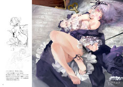 Rule 34 | 1girl, bare shoulders, barefoot, bow, breasts, doll joints, dress, feet, frills, gothic lolita, hairband, jewelry, joints, legs, lolita fashion, long hair, lying, moruga, off shoulder, on back, parted lips, pink eyes, ribbon, ring, rozen maiden, silver hair, sketch, solo, suigintou, toe ring, toes