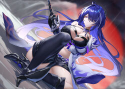Rule 34 | 1girl, acheron (honkai: star rail), asymmetrical footwear, black footwear, black gloves, black shorts, boots, breasts, chest harness, coat, dutch angle, gloves, hair over one eye, harness, high heel boots, high heels, highres, holding, holding sword, holding weapon, honkai: star rail, honkai (series), knee up, large breasts, looking at viewer, navel, on ground, purple eyes, purple hair, short shorts, shorts, single bare shoulder, sitting, solo, spread legs, stomach, sword, thigh boots, weapon, white coat, xfate
