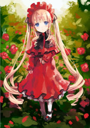 Rule 34 | 1girl, bad id, bad pixiv id, blonde hair, blue eyes, bonnet, bow, dress, drill hair, flower, long hair, long sleeves, mary janes, pantyhose, rose, rozen maiden, shinku, shoes, solo, twintails, very long hair, white pantyhose, yumekui