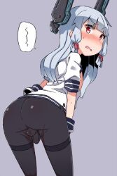 Rule 34 | 1boy, ass, blue hair, blush, bow, collagen, embarrassed, facing away, genderswap, genderswap (ftm), hair bow, headgear, kantai collection, leaning forward, light blue hair, long hair, looking back, murakumo (kancolle), nipples, nose blush, open mouth, pantyhose, penis, pink bow, purple background, red eyes, see-through, shirt, short sleeves, sidelocks, simple background, small penis, solo, sweatdrop, testicles, thigh strap, trap, white shirt