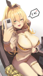 Rule 34 | 1girl, :d, absurdres, animal print, blonde hair, blush, bra, bra peek, breasts, checkered clothes, checkered skirt, choker, cleavage, clothes around waist, clothes lift, collarbone, fang, goddess of victory: nikke, gold bracelet, hair between eyes, hair intakes, highres, jacket, jacket around waist, jewelry, jindogod, large breasts, leopard print, long hair, necklace, open mouth, panties, pantyshot, phone, ponytail, rupee (nikke), selfie, shirt, skirt, smile, solo, speech bubble, thighlet, unbuttoned, unbuttoned shirt, underwear, white background, white shirt, yellow jacket