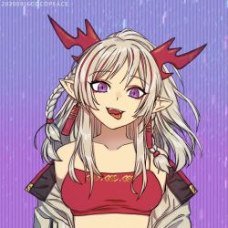 Rule 34 | 1girl, :d, arknights, bare shoulders, braid, breasts, cocopeace, earrings, eyeliner, fangs, horns, jewelry, long hair, looking at viewer, makeup, nian (arknights), off shoulder, open mouth, pointy ears, ponytail, purple eyes, red hair, silver hair, smile, solo, teeth, tongue, tongue out