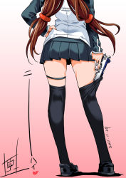 Rule 34 | 10s, 1girl, 2011, black thighhighs, bren ten, brown hair, dated, from behind, gradient background, gun, hand on own hip, handgun, head out of frame, hip focus, inoue sora, legs, long hair, low-tied long hair, miniskirt, nazume mikuru, pink background, pistol, pleated skirt, school uniform, shoes, signature, skirt, solo, thigh strap, thighhighs, thighhighs pull, trigger discipline, twintails, weapon, white background, zero in