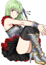 Rule 34 | 1girl, armpit crease, arms on knees, black thighhighs, boots, breasts, brown eyes, dress, green hair, grey footwear, hair ornament, hair ribbon, high heels, highres, idolmaster, idolmaster (classic), idolmaster stella stage, layered dress, looking at viewer, medium breasts, mole, mole under eye, no panties, own hands together, ribbon, shiika (idolmaster), short dress, short hair, simple background, single strap, sitting, smile, solo, thighhighs, thighs, tsurui, white background, wrist cuffs