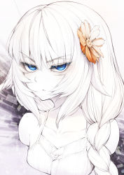 Rule 34 | 1girl, bare shoulders, blue eyes, blush, braid, breasts, cluseller, collarbone, cropped torso, female focus, flower, hair flower, hair ornament, half-closed eyes, highres, light blush, long hair, looking at viewer, orange flower, original, parted lips, simple background, sleeveless, small breasts, solo, spaghetti strap, spot color, upper body, v-shaped eyebrows, white background, white theme