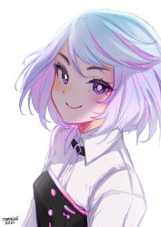 Rule 34 | 1girl, blush, bright pupils, closed mouth, collared shirt, dated, gradient hair, highres, looking at viewer, mole, mole under eye, multicolored hair, nile pereira, original, purple eyes, purple hair, shirt, signature, simple background, smile, solo, swept bangs, temachii, upper body, virtual youtuber, white background, white pupils, white shirt, wing collar