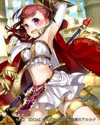 Rule 34 | 1girl, :d, armpits, breasts, cape, earrings, jewelry, long hair, looking at viewer, navel, official art, open mouth, original, pleated skirt, ponytail, purple eyes, red hair, seikon no arcana, skirt, smile, solo, yuzuki kihiro
