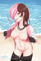Rule 34 | 1girl, beach, breasts, brown hair, clothes pull, cslucaris, gloves, highres, jacket, jewelry, long hair, looking at viewer, medium breasts, multicolored hair, necklace, neo politan, nipples, nude, ocean, open clothes, open mouth, pants, pants pull, pink eyes, pink hair, presenting, pussy, rwby, seductive smile, smile, smug, solo, standing, tagme, teasing, thighs, two-tone hair, uncensored, undressing, water