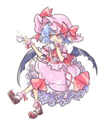 Rule 34 | 1girl, bat wings, blue hair, bow, brown footwear, cup, dress, hand on own cheek, hand on own face, highres, holding, holding cup, light blue hair, pink dress, pink headwear, primsla, red bow, red eyes, remilia scarlet, socks, solo, teacup, touhou, white background, white socks, wings