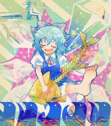 Rule 34 | 1girl, barefoot, blue bow, blue dress, blue hair, blush, bone, bow, bowtie, cirno, closed eyes, collared shirt, commentary request, dress, fingernails, fish, green background, hair between eyes, hand up, highres, instrument, itomugi-kun, leg up, multicolored background, music, open mouth, playing instrument, puffy short sleeves, puffy sleeves, purple background, red bow, red bowtie, shirt, short hair, short sleeves, sitting, smile, solo, star (symbol), starry background, tongue, touhou, triangle, water, white shirt