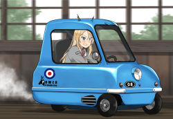 Rule 34 | 1girl, annin musou, ascot, blonde hair, blue eyes, blush, car, driving, flower, grin, headgear, kantai collection, long hair, long sleeves, military, military uniform, motor vehicle, nelson (kancolle), peel p50, red ascot, red flower, red rose, rose, smile, solo, uniform, vehicle focus