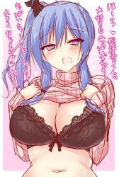 Rule 34 | 1girl, azur lane, black bra, blue hair, blush, bra, breasts, cleavage, clothes lift, hair ornament, large breasts, lifted by self, navel, open mouth, purple eyes, ribbed sweater, sakurapochi, shirt lift, side ponytail, st. louis (azur lane), sweater, translation request, underwear