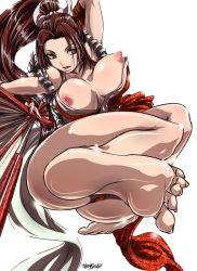 Rule 34 | barefoot, brown eyes, brown hair, covered erect nipples, hand fan, feet, japanese clothes, kimono, long hair, madhatter hello, nipples, ponytail, shiranui mai, snk, the king of fighters
