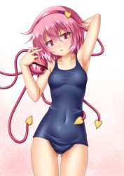 Rule 34 | 1girl, alternate costume, armpits, blue one-piece swimsuit, cowboy shot, embarrassed, eyeball, gradient background, hair between eyes, hairband, half-closed eyes, head tilt, heart, heart of string, highres, komeiji satori, narrow waist, one-piece swimsuit, parted bangs, pink background, pink hair, red eyes, red hairband, roura, school swimsuit, short hair, simple background, solo, standing, swimsuit, third eye, touhou, white background