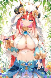 Rule 34 | 1girl, absurdres, areola slip, artist name, bare shoulders, blue bow, blue eyes, bow, breasts, brooch, chinese commentary, circlet, cleavage, closed mouth, commentary request, cowboy shot, crop top, detached sleeves, fallen-leaves, genshin impact, gold trim, harem outfit, highres, horns, jewelry, large breasts, leaf, long hair, long sleeves, looking at viewer, navel, neck ring, nilou (genshin impact), outdoors, parted bangs, puffy long sleeves, puffy sleeves, red hair, revealing clothes, skirt, smile, solo, stomach, twitter username, vambraces, veil, vision (genshin impact), white headwear