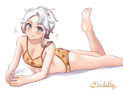 Rule 34 | 1girl, akishimo (kancolle), asymmetrical bangs, asymmetrical hair, barefoot, bra, brown hair, floral print, gradient hair, hair ornament, ishida arata, kantai collection, leaf hair ornament, leg up, looking at viewer, lying, multicolored hair, on stomach, orange bra, orange panties, panties, parted lips, short hair, short hair with long locks, simple background, smile, solo, sparkle, underwear, underwear only, white background