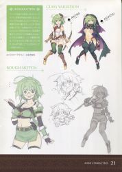Rule 34 | 1girl, absurdres, aquaplus, boots, bow, breasts, cape, character sheet, cloak, concept art, dungeon travelers 2, elbow gloves, female focus, glasses, gloves, gradient background, green eyes, green hair, hat, highres, hood, hooded cloak, knee boots, lineart, looking at viewer, multiple views, partially colored, revealing clothes, scan, shorts, simple background, smile, standing, sumaki shungo, weapon, white background