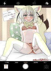 Rule 34 | 1girl, animal ears, bed, blush, bow, bowtie, breasts, camera view, censored, clothing aside, fennec (kemono friends), fox ears, fox girl, fox tail, highres, kemono friends, medium breasts, nipples, open mouth, panties, panties aside, pussy, shio butter (obscurityonline), smile, solo, tail, thighhighs, underwear