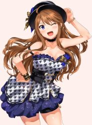 Rule 34 | 1girl, ahoge, animal print, arm up, armband, bare shoulders, belt, bike shorts under skirt, black armband, black belt, black choker, black hat, blue eyes, blush, breasts, brown hair, buckle, choker, cleavage, collarbone, cowboy shot, dot nose, dress, frilled dress, frills, hand on own hip, hat, hat ribbon, heart, heart-shaped buckle, heart bracelet, highres, idolmaster, idolmaster million live!, idolmaster million live! theater days, large breasts, leopard print, long hair, looking at viewer, multiple bracelets, one eye closed, open mouth, partially unzipped, pink background, print bracelet, print dress, print ribbon, ribbon, simple background, sirurabbit, smile, solo, standing, swept bangs, tokoro megumi, two-tone dress, two-tone ribbon, zipper, zipper pull tab