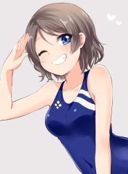 Rule 34 | 10s, 1girl, arm up, bare arms, bare shoulders, blue eyes, blue one-piece swimsuit, breasts, brown hair, collarbone, covered navel, eyebrows, from side, grey background, grey hair, heart, ica, looking at viewer, love live!, love live! sunshine!!, medium breasts, one-piece swimsuit, one eye closed, parted bangs, salute, short hair, simple background, sleeveless, smile, solo, swept bangs, swimsuit, teeth, upper body, watanabe you
