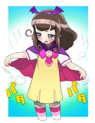 Rule 34 | 1girl, bat wings, blue background, blue eyes, blunt bangs, blush, border, brown hair, cape, capelet, commentary request, cropped legs, dress, fang, frown, hairband, holding, holding cape, holding clothes, hot, kurosu aroma, long hair, moudoku (decopon3rd), neckerchief, open mouth, paprika private academy school uniform, pink neckerchief, pretty series, pripara, purple capelet, purple hairband, school uniform, short dress, short sleeves, solo, standing, striped clothes, striped thighhighs, sweat, thighhighs, translation request, white border, wing hair ornament, wings, yellow dress