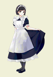 Rule 34 | 1girl, apron, black hair, bob cut, commentary request, full body, kashiwagi chisame, maid, maid apron, maid headdress, mary janes, original, pantyhose, partial commentary, shoes, short hair, simple background, skirt hold, solo