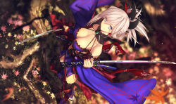 Rule 34 | 1girl, black thighhighs, blonde hair, blue eyes, blurry, blurry background, breasts, cleavage, detached sleeves, dual wielding, earrings, fate/grand order, fate (series), from above, hair ornament, holding, japanese clothes, jewelry, katana, kawanakajima, kimono, large breasts, long hair, looking at viewer, magatama, miyamoto musashi (fate), miyamoto musashi (third ascension) (fate), nature, obi, official style, outdoors, ponytail, sash, scenery, sheath, smile, solo, sword, thighhighs, weapon