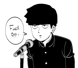 Rule 34 | 1boy, ch0og0o, closed mouth, commentary, english commentary, english text, greyscale, kageyama shigeo, long sleeves, male focus, microphone, mob psycho 100, monochrome, profanity, school uniform, short hair, simple background, solo, speech bubble, upper body, white background