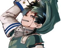 Rule 34 | 1boy, arm up, blood, blood on face, bodysuit, boku no hero academia, commentary, freckles, gloves, green bodysuit, green eyes, green hair, half-closed eyes, highres, hood, hood up, hooded bodysuit, injury, looking at viewer, male focus, midoriya izuku, shimeji00, short hair, simple background, solo, sweat, torn bodysuit, torn clothes, white background, white gloves