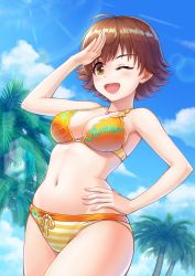 Rule 34 | 1girl, bikini, blue sky, breasts, brown eyes, brown hair, chinese commentary, cleavage, clothes writing, cloud, commentary request, cowboy shot, day, front-tie top, hand on own hip, honda mio, idolmaster, idolmaster cinderella girls, lens flare, looking at viewer, medium breasts, orange bikini, outdoors, palm tree, short hair, sky, smile, solo, swimsuit, tree, xi wan de xigua p