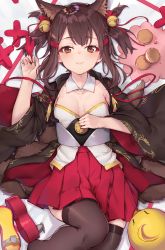 Rule 34 | 1girl, absurdres, aged down, akagi-chan (azur lane), akagi (azur lane), animal ears, azur lane, bell, black cola, blush, breasts, brown hair, fang, fox ears, fox girl, geta, hair bell, hair between eyes, hair ornament, hand up, highres, japanese clothes, looking at viewer, lying, multiple tails, on back, pleated skirt, red eyes, red skirt, rudder footwear, shoes, unworn shoes, sidelocks, skin fang, skirt, small breasts, smile, solo, tail, thighhighs, twintails, wide sleeves