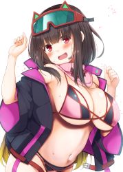 Rule 34 | 1girl, bare shoulders, bikini, black jacket, blush, breasts, brown hair, cleavage, fate/grand order, fate (series), goggles, goggles on head, gradient hair, hands up, headset, jacket, kurikara, large breasts, long hair, long sleeves, looking at viewer, multicolored hair, navel, off shoulder, open clothes, open jacket, open mouth, osakabehime (fate), osakabehime (swimsuit archer) (fate), osakabehime (swimsuit archer) (first ascension) (fate), pink bikini, pink scarf, scarf, simple background, ski goggles, solo, swimsuit, white background