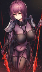 Rule 34 | 1girl, armor, bodysuit, borushichi, breasts, commentary request, covered navel, eyes visible through hair, fate/grand order, fate (series), gae bolg (fate), highres, holding, holding weapon, large breasts, long hair, looking at viewer, parted lips, pauldrons, polearm, purple bodysuit, purple hair, red eyes, scathach (fate), shoulder armor, solo, spear, very long hair, weapon