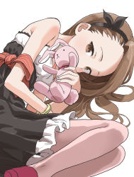 Rule 34 | 1girl, bare shoulders, black dress, black hairband, bracelet, brown eyes, brown hair, covered mouth, curled up, dress, fingernails, hairband, highres, holding, holding stuffed toy, idolmaster, idolmaster (classic), jewelry, long hair, looking at viewer, lying, minase iori, on side, pantyhose, shoes, simple background, solo, stuffed animal, stuffed rabbit, stuffed toy, white background, yamamoto souichirou