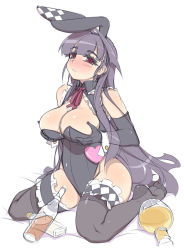 Rule 34 | 1girl, akatsuki alut, alcohol, animal ears, bad id, bad pixiv id, bare shoulders, bottle, breast lift, breasts, cleavage, drunk, elbow gloves, fake animal ears, gloves, liquor, long hair, mel/a, original, playboy bunny, purple hair, rabbit ears, red eyes, sitting, solo, thighhighs, wariza