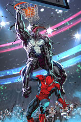 Rule 34 | 6+boys, :o, ball, basketball, basketball (object), bodysuit, comic cover, commentary, cover image, english commentary, grey headwear, grey shirt, hand on another&#039;s head, highres, kael ngu, male focus, marvel, mask, meme, motion blur, multiple boys, official art, red bodysuit, shirt, slam dunk (basketball), spider-man, spider-man (series), superhero costume, symbiote, tongue, tongue out, venom (marvel), venom dunking on spider-man (meme)