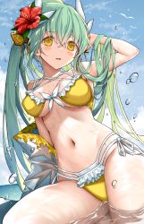 Rule 34 | 1girl, :d, arm up, armpits, bikini, blue sky, blush, breasts, chinese clothes, cleavage, commentary request, day, fate/grand order, fate (series), flower, frilled bikini, frills, front-tie bikini top, front-tie top, green hair, hair between eyes, hair flower, hair ornament, hand in own hair, hibiscus, highres, horns, kiyohime (fate), kiyohime (fate/grand order), kiyohime (swimsuit lancer) (fate), kiyohime (swimsuit lancer) (first ascension) (fate), layered bikini, long hair, looking at viewer, medium breasts, morizono shiki, navel, open mouth, outdoors, red flower, ribbon, shallow water, side-tie bikini bottom, sitting, sky, smile, solo, stomach, swimsuit, thighs, very long hair, water, water drop, wet, white ribbon, yellow bikini, yellow eyes