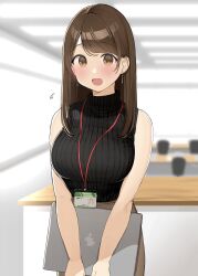 Rule 34 | 1girl, black shirt, blurry, blurry background, blush, breasts, brown eyes, brown hair, brown skirt, commentary, earrings, flying sweatdrops, high-waist skirt, highres, holding, holding laptop, id card, indoors, jewelry, lanyard, laptop, large breasts, long hair, looking at viewer, office lady, ol-chan (ol mahonanoka), ol mahonanoka, open mouth, original, ribbed shirt, shade, shirt, shirt tucked in, skirt, sleeveless, sleeveless shirt, solo, swept bangs