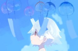 Rule 34 | 1girl, blue background, highres, natsu-no-kamisama, original, parted lips, portrait, profile, shadow, short hair, solo, transparent, white hair, wind chime